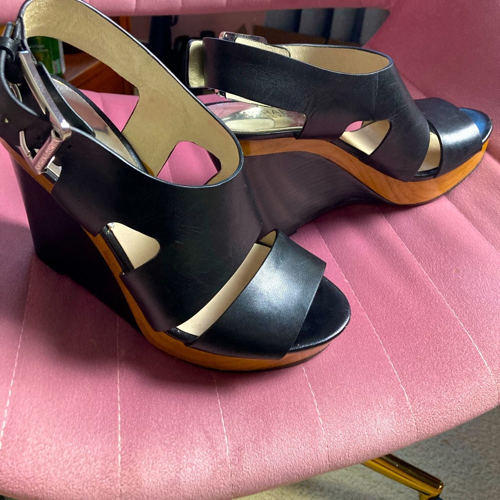 Michael Kors, black leather, strappy wedge sandal. 4.5” heel. Size 6.5M to 7M